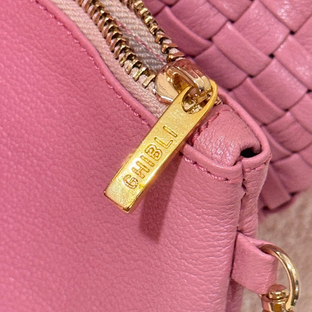 Ghibli Pink Genuine Leather Woven Tote Handbag Removable Pouch Gold Hardware - Picture 8 of 13